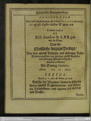 Christliche Anzugs Predigt, Von den zwölff Brünlin und siebenzig Palm Bäwmen in Elim, den heiligen zwölff Aposteln und siebenzig Jüngern Christi