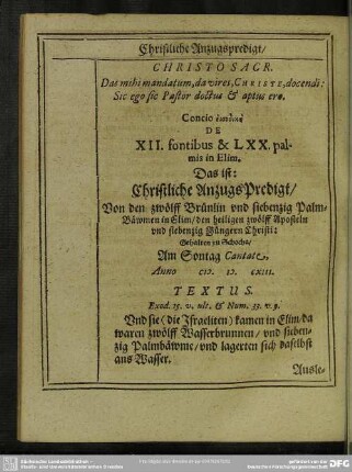Christliche Anzugs Predigt, Von den zwölff Brünlin und siebenzig Palm Bäwmen in Elim, den heiligen zwölff Aposteln und siebenzig Jüngern Christi