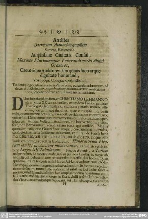 Antistes Sacrorum Annaebergensium Summe Reuerende, Amplissime Ciuitatis Consul, Maxime Plurimumque Venerandi Verbi diuini Oratores, ...