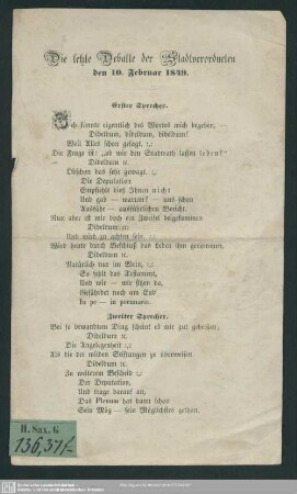 Die letzte Debatte der Stadtverordneten : den 10. Februar 1849