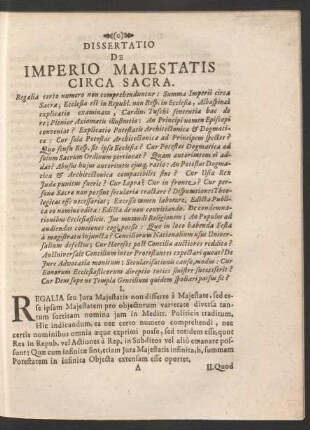 Dissertatio De Imperio Maiestatis Circa Sacra.