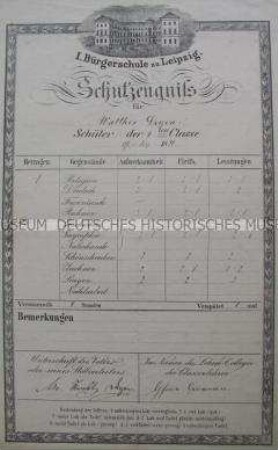 Schulzeugnis der I. Bürgerschule zu Leipzig für Walther Degen, Schüler der 6. Klasse; Michaelis 1871