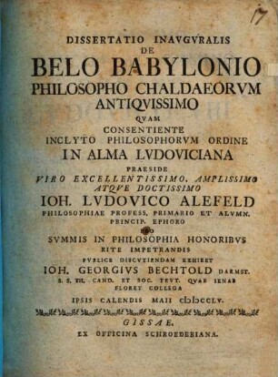Diss. inaug. de Belo Babylonio philosopho Chaldaeorum antiquissimo