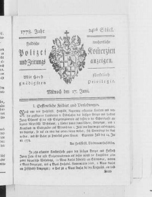 24tes Stück., Ausgabe vom 17. Juni 1778