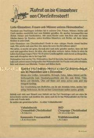 Aufruf der Volkssolidarität Oberseifersdorf zur Spende von Kleidung, Haushaltsgegenständen und Stoffresten und zur Hilfe bei der Verarbeitung der Stoffe, rückseitig Weihnachtsgedicht