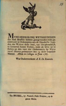Myne Heeren Die Wethouderen der Stad Brussele ...