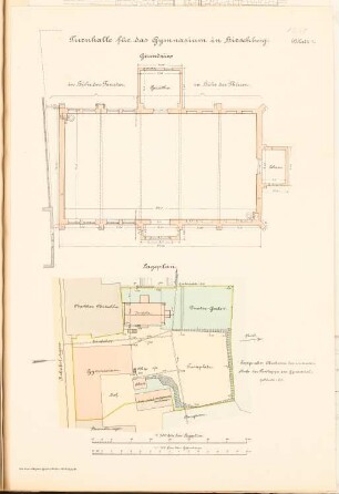 Gymnasium, Hirschberg Turnhalle: Grundriss 1:100, Lageplan 1:500