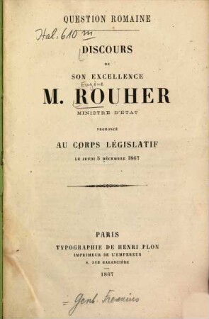 Question romaine : Discours de Rouher prononcé au corps législatif le jeudi 5 déc. 1867