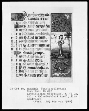 Lateinisches Gebetbuch mit französischem Kalender — Kalenderblatt April mit einem Blumenträger, Folio 4