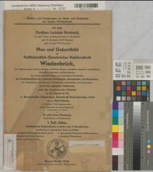 Wiedenbrück (Rheda-Wiedenbrück) Stadtplan und Einzelheiten (Atlas) 1. Stadtplan und Gemarkung, auch Ansicht 2. Grenzgebiet Wiedenbrück - Rheda - St. Vit 3. Rittergut Neuhaus 4. Kirche und Küsterei St. Vit 5. Grenzgebiet Wiedenbrück - Röckinghausen 6. Stadtplan (1766) 1938 versch. Maßstäbe Druck nach Originalzeichnung. Herausgegeben von Franz Flaskamp, Quellen und Forschungen zur Natur und Geschichte des Kreises Wiedenbrück 39. Heft. Rheda Christian Ludolph Reinhold B Nr. 381