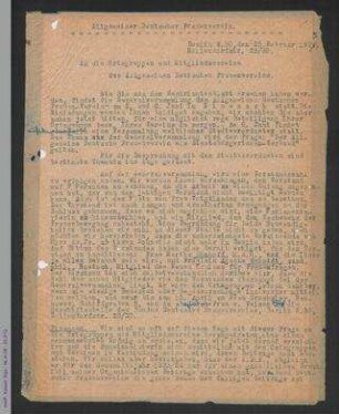 Rundschreiben an die Ortsgruppen und Mitgliedsvereine des ADF