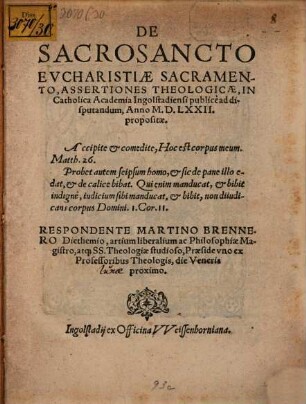 De Sacrosancto Evcharistiae Sacramento, Assertiones Theologicae ...