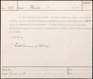 Zu Kiel findet am 3. Nov. 1877 ein Fest statt aus Anlass der Vollendung der Legung des ersten deutschen Telegrafenkabelnetzes, das Heinrich Stephan ausführen ließ