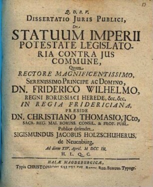 Dissertatio Juris Publici, De Statuum Imperii Potestate Legislatoria Contra Jus Commune