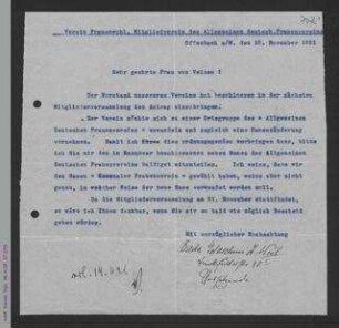 Brief des Vereins Frauenwohl Offenbach an Dorothee von Velsen