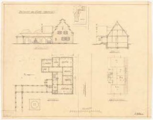 Propstei: Westansicht, Schnitt, Grundriss, Obergeschoss 1:150, Lageplan