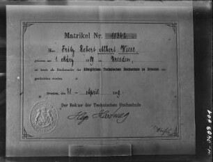 Matrikel Nr. 10342 : Immatrikulationsurkunde der Könglich Technischen Hochschule zu Dresden für Albert Wiese