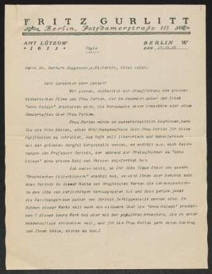 Brief von Paul Eipper von Kunstverlag Gurlitt  an Gerhart Hauptmann