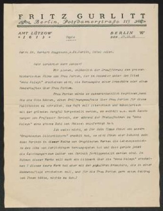 Brief von Paul Eipper von Kunstverlag Gurlitt <Berlin> an Gerhart Hauptmann
