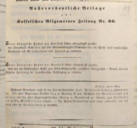 Außerordentliche Beilage zur Kasselschen Allgemeinen Zeitung Nr. 66.