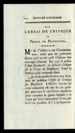 Sur L`Essai De Critique Du Prince De Machiavel.