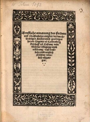 Ernstliche ermanung des Fridens vnd Christenlicher einigkeit ... Hugonis vo[n] Landenberg Bischoff tzu Costantz : mitt Schöner vßlegung vnnd erklärung, vast trostlich vnnd nutzlich zu läßen, nüwlich vßgangen