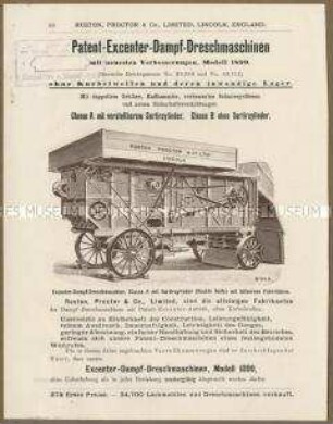 Landwirtschaftliche Maschinen der Ruston Proctor und Cie. in England
