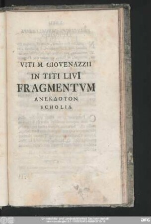 Viti M. Giovenazzii In Titi Livi[i] Fragmentum Anekdoton Scholia.