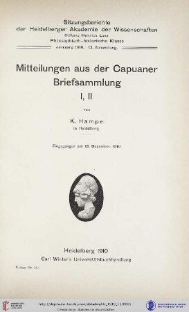 1910, 13. Abhandlung: Sitzungsberichte der Heidelberger Akademie der Wissenschaften, Philosophisch-Historische Klasse: Mitteilungen aus der Capuaner Briefsammlung (I/II)