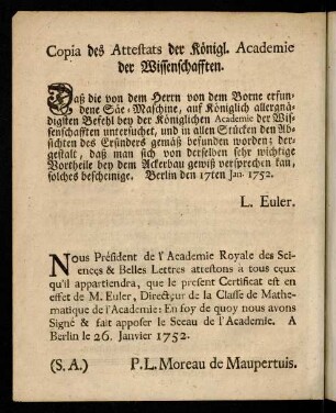 A1v, Copia des Attestats der koenigl. Academie der Wissenschafften; ...