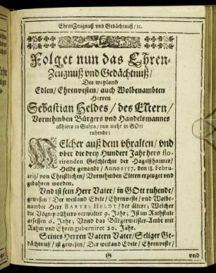 Folget nun das Ehren-Zeugnuß und Gedächtnuß/ [...]
