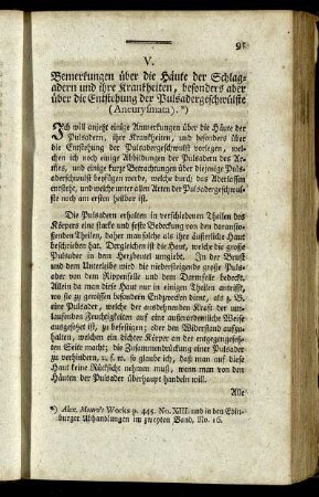 V. Bemerkungen über die Häute der Schlagadern und ihre Krankheiten, besonders aber über die Entstehung der Pulsadergeschwülste (Aneurysmata).