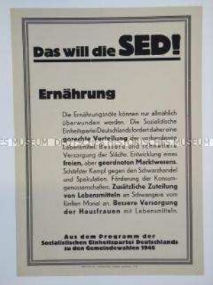 Maueranschlag mit einem Zitat aus dem Programm der SED zur Frage der Ernährung