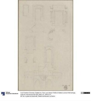 Skizzen zu Türen und deren Profile & Skizze zu einer Wehranlage, wohl im normannischen Stil