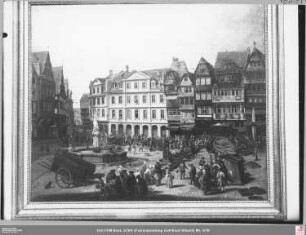 Markttag vor Römerberg 40-30 und Markt 46 (angeschnitten), vorn Gerechtigkeitsbrunnen, rechts Minervabrunnen