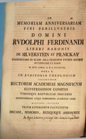Ad memoriam annivers. V. P. Rud. Ferdinandi L. B. de Silverstein ... celebrandam ... invitant Trium Super. Facultat. Decani ... : [disseritur de regum Iudaicorum privilegio inter sacra in templo sedendi]
