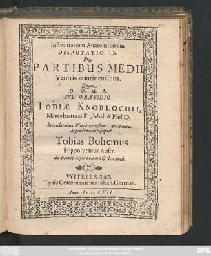 Institutionum Anatomicarum Disputatio IX. De Partibus Medii Ventris continentibus