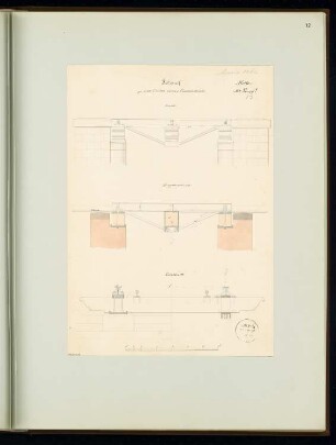 Eisenkonstruktion eines offenen Durchlasses Monatskonkurrenz April 1861: Aufriss, Längsschnitt, Querschnitt; Maßstabsleiste