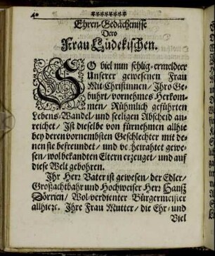 Ehren-Gedächtnisse Dero Frau Lüdekischen.