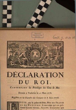 Déclaration du Roi, concernant les Priviléges des Gens de Mer