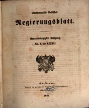 Großherzoglich Badisches Regierungsblatt. 1851 = Jg. 49