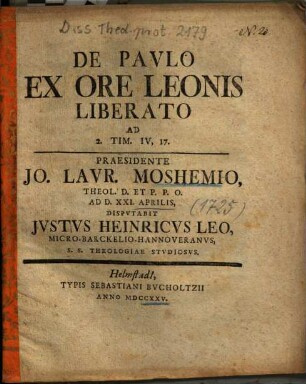 De Pavlo Ex Ore Leonis Liberato Ad 2. Tim. IV, 17.