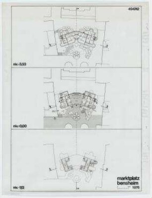 Wettbewerb Marktplatz Bensheim (nicht realisiert) – Grundriss EG, Zwischengeschosse 3,35 und 1,13. Bensheim/Hessen