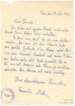 Dankbrief an das Pendle Hill College - Sachkonvolut