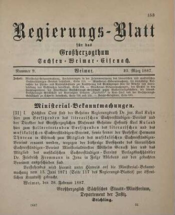 31. Ministerial-Bekanntmachung, die Veränderungen in der Zusammensetzung des literarischen und musikalischen Sachverständigen-Vereins betreffend