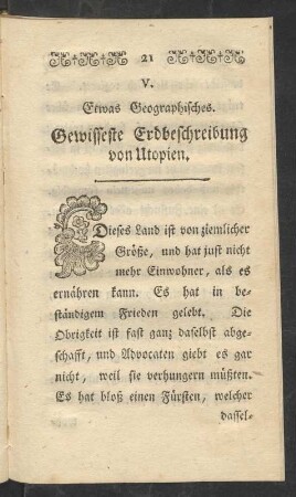 V. Etwas Geographisches. Gewisseste Erdbeschreibung von Utopien