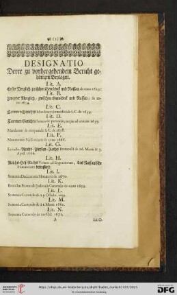 Designatio derer zu vorhergehendem Bericht gehörigen Beylagen