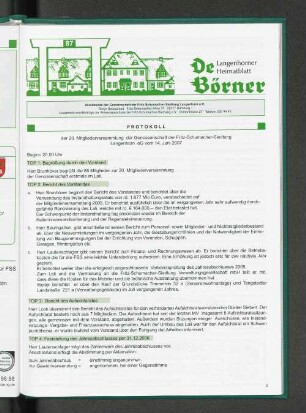Protokoll der 20. Mitgliederversammlung der Genossenschaft der Fritz-Schumacher-Siedlung Langenhorn eG vom 14. Juni 2007
