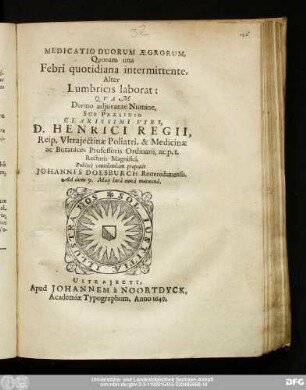 Medicatio Duorum Ægrorum, Quorum una Febri quotidiana intermittente, Alter Lumbricis laborat