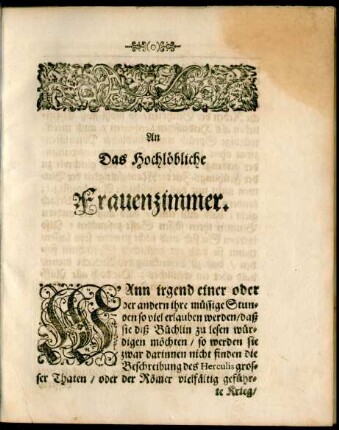 An Das Hochlöbliche Frauenzimmer.
